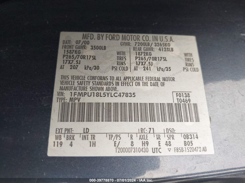 2000 Ford Expedition Eddie Bauer VIN: 1FMPU18L5YLC47835 Lot: 39778870