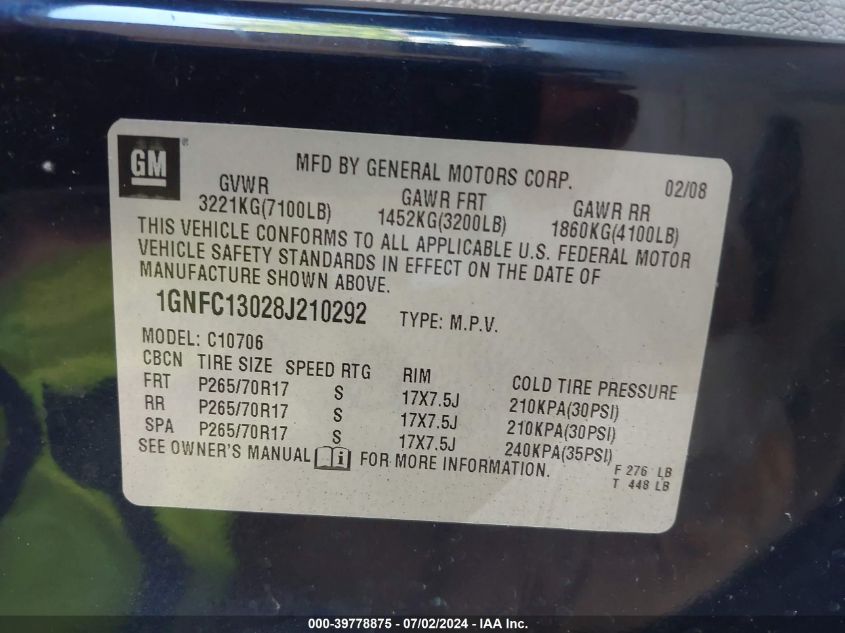 2008 Chevrolet Tahoe C1500 VIN: 1GNFC13028J210292 Lot: 39778875
