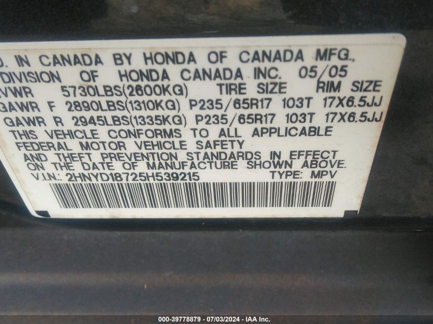 2005 Acura Mdx Touring VIN: 2HNYD18725H539215 Lot: 39778879