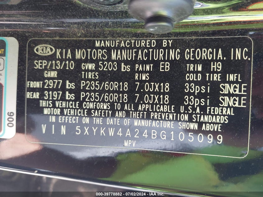 2011 Kia Sorento Sx V6 VIN: 5XYKW4A24BG105099 Lot: 39778882