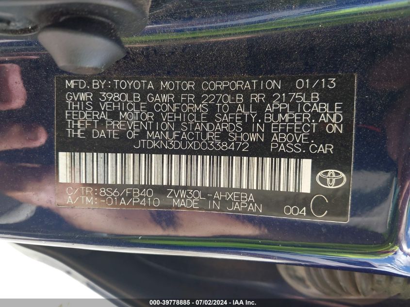 2013 Toyota Prius VIN: JTDKN3DUXD0338472 Lot: 39778885