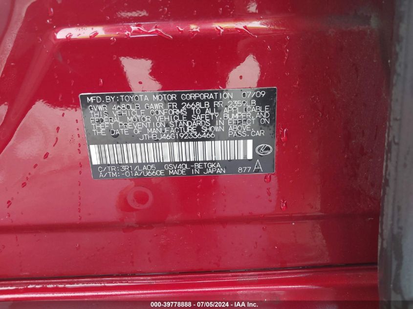 2009 Lexus Es 350 VIN: JTHBJ46G192336466 Lot: 39778888