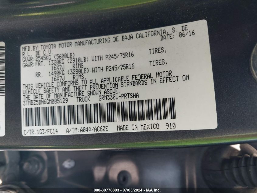 2016 Toyota Tacoma Double Cab/Sr5/Trd Sport VIN: 3TMBZ5DN6GM005129 Lot: 39778893