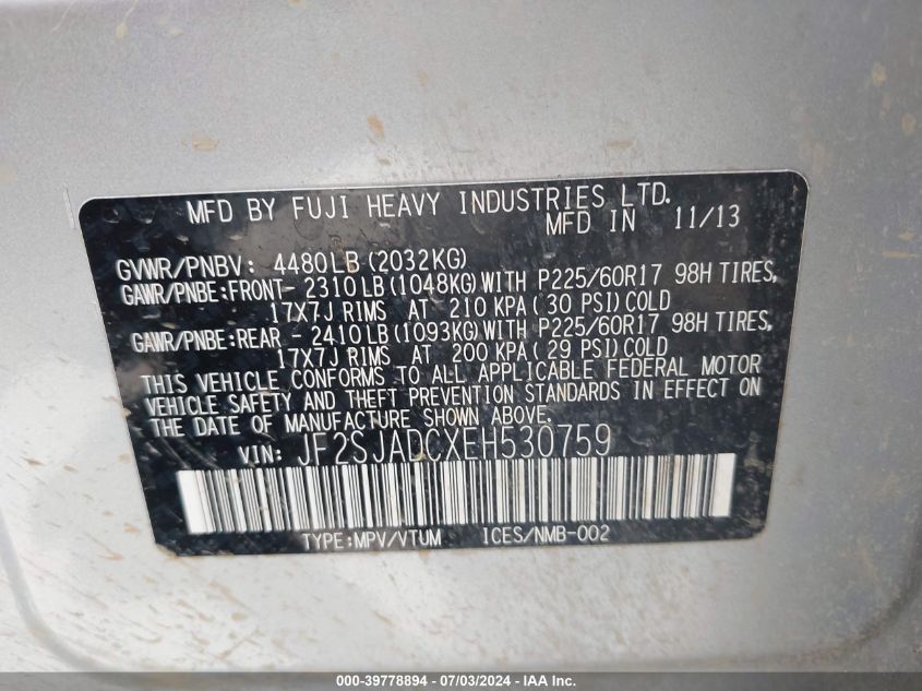 2014 Subaru Forester 2.5I Premium VIN: JF2SJADCXEH530759 Lot: 39778894