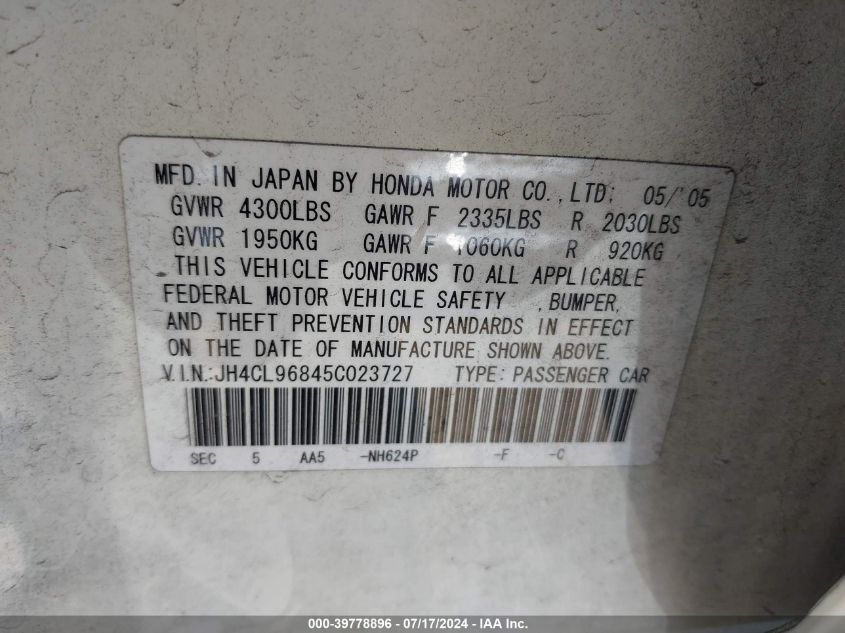 2005 Acura Tsx VIN: JH4CL96845C023727 Lot: 39778896