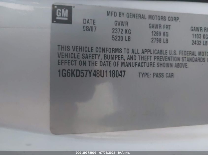 2008 Cadillac Dts VIN: 1G6KD57Y48U118047 Lot: 39778903