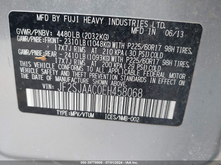 2014 Subaru Forester 2.5I VIN: JF2SJAAC0EH458068 Lot: 39778905