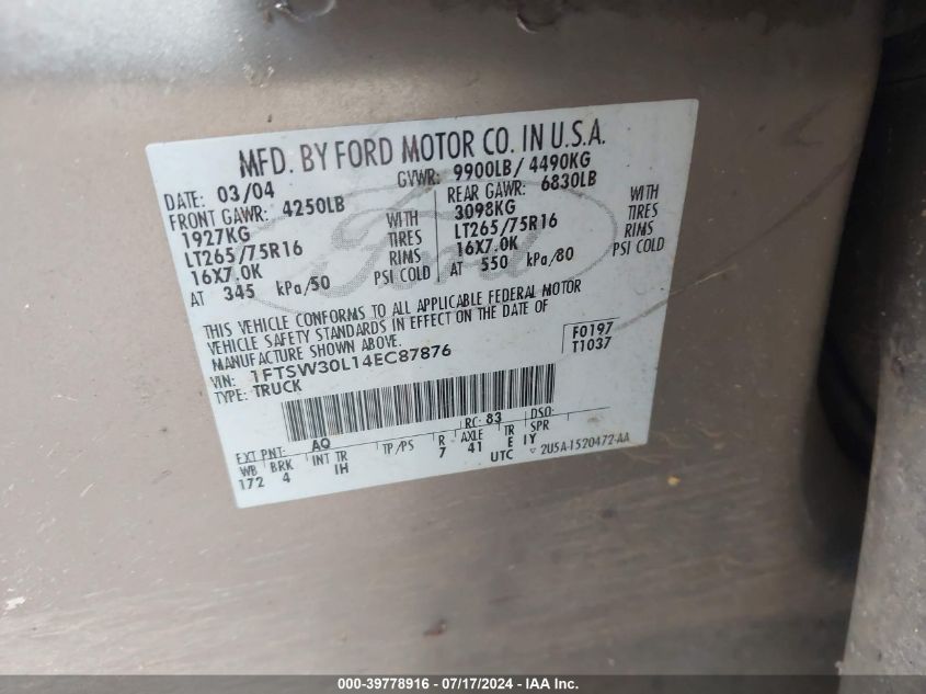 2004 Ford F-350 Lariat/Xl/Xlt VIN: 1FTSW30L14EC87876 Lot: 39778916