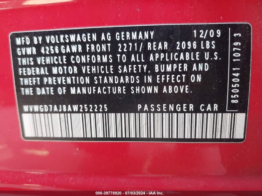 2010 Volkswagen Gti 4-Door VIN: WVWGD7AJ8AW252225 Lot: 39778920