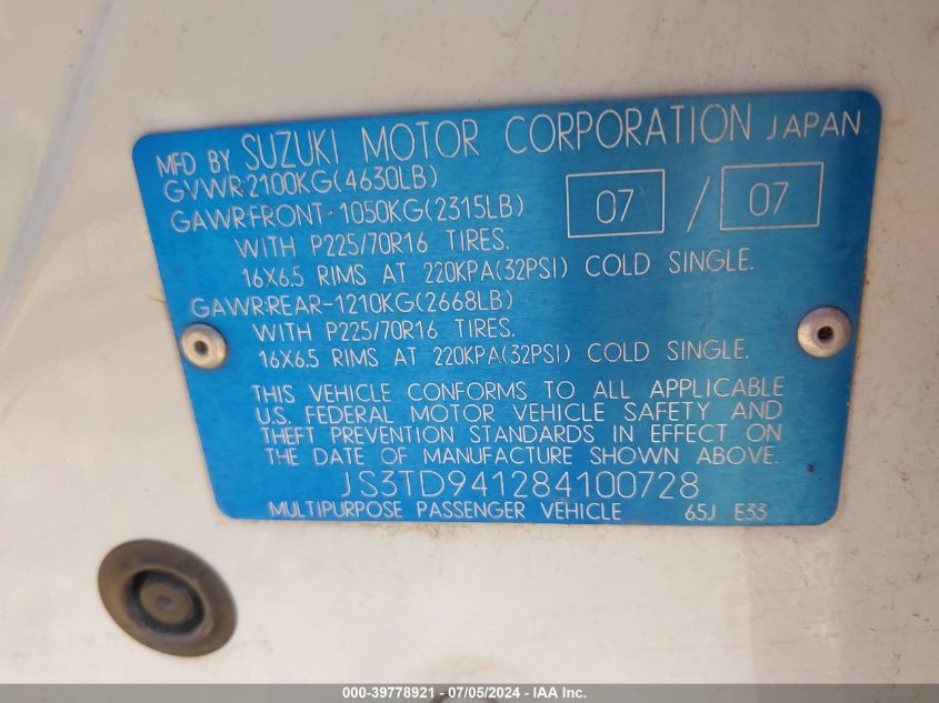 2008 Suzuki Grand Vitara VIN: JS3TD941284100728 Lot: 39778921