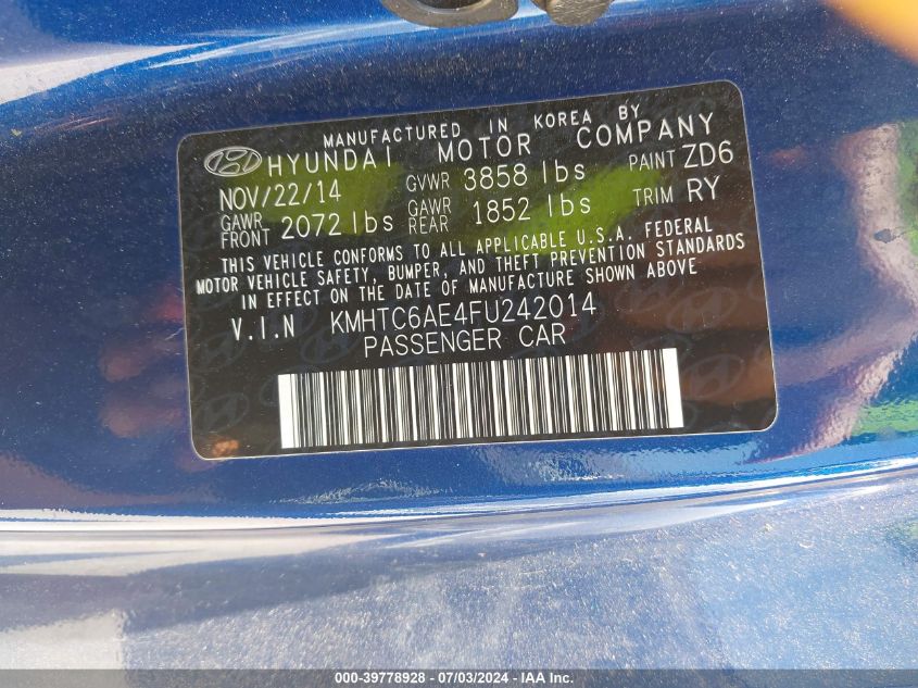 2015 Hyundai Veloster Turbo VIN: KMHTC6AE4FU242014 Lot: 39778928