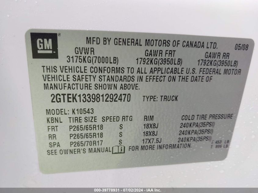 2008 GMC Sierra 1500 Slt VIN: 2GTEK133981292470 Lot: 39778931