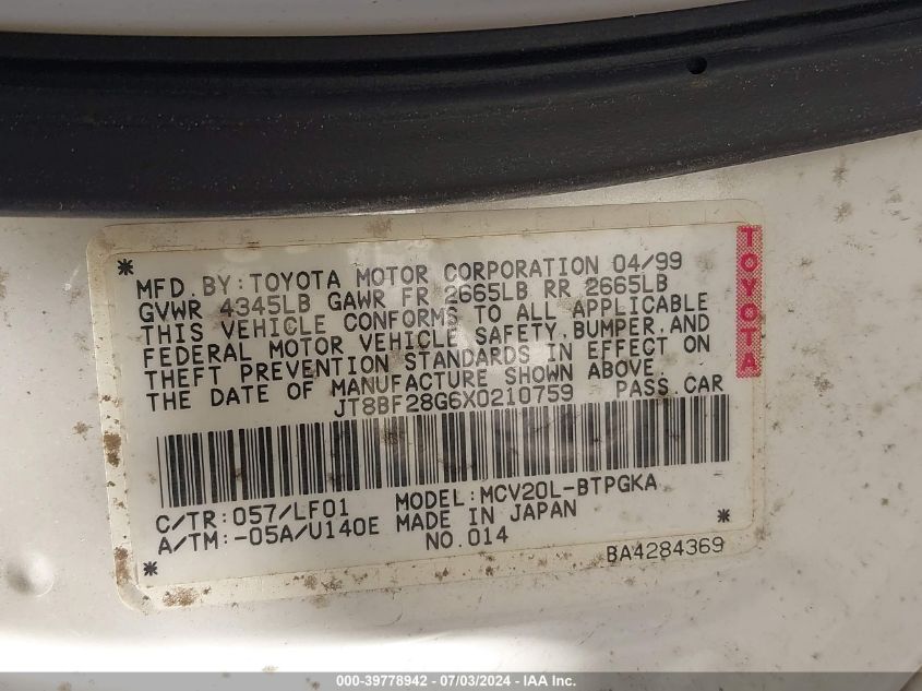 1999 Lexus Es 300 VIN: JT8BF28G6X0210759 Lot: 39778942