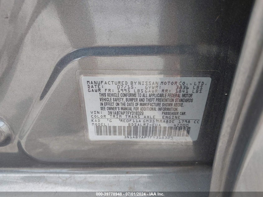 2015 Nissan Sentra Sr VIN: 3N1AB7AP7FY318329 Lot: 39778948