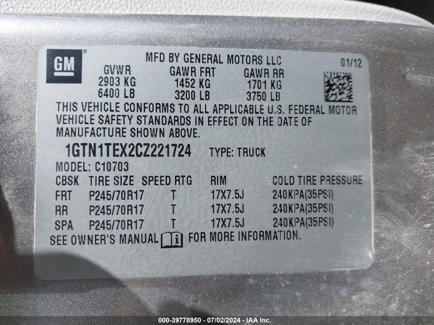 2012 GMC Sierra 1500 Work Truck VIN: 1GTN1TEX2CZ221724 Lot: 39778950
