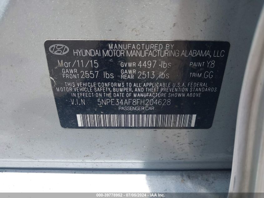 2015 Hyundai Sonata Limited VIN: 5NPE34AF8FH204628 Lot: 39778952
