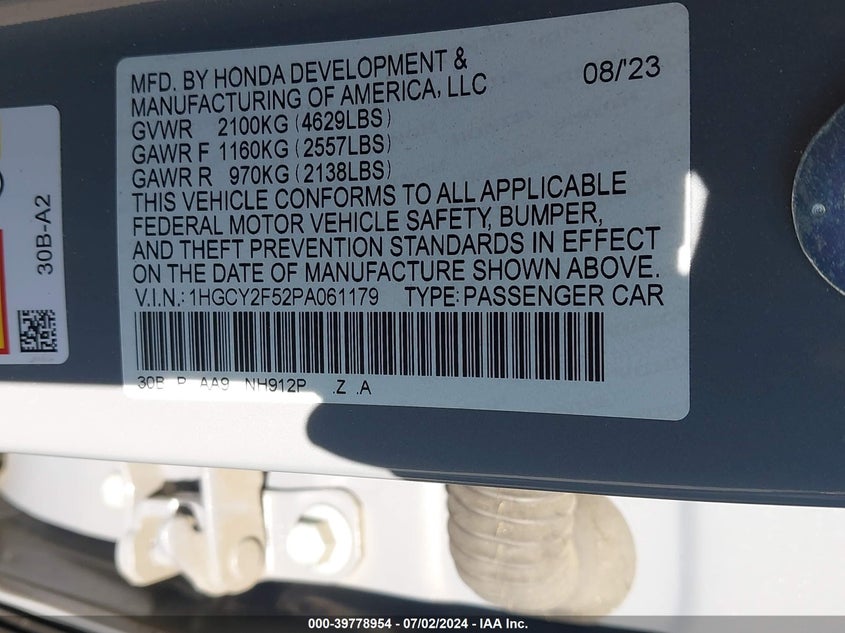 VIN 1HGCY2F52PA061179 2023 HONDA ACCORD HYBRID SPORT