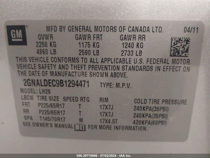 2011 Chevrolet Equinox 1Lt VIN: 2GNALDEC9B1294471 Lot: 39778986