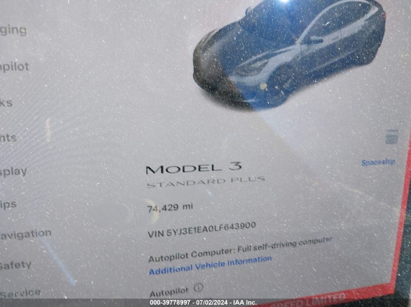 2020 Tesla Model 3 VIN: 5YJ3E1EA0LF643900 Lot: 39778997