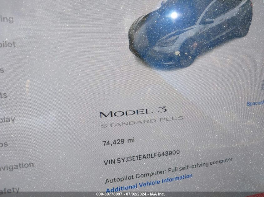 2020 Tesla Model 3 VIN: 5YJ3E1EA0LF643900 Lot: 39778997