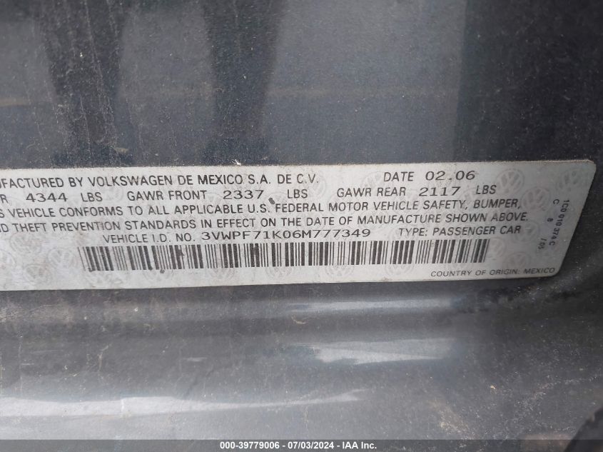 2006 Volkswagen Jetta Value Edition VIN: 3VWPF71K06M777349 Lot: 39779006