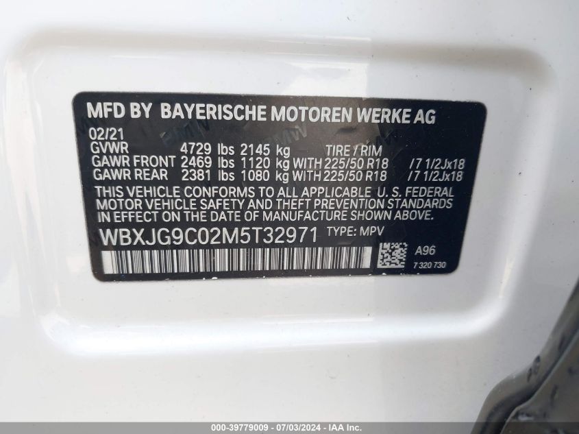 2021 BMW X1 xDrive28I VIN: WBXJG9C02M5T32971 Lot: 39779009