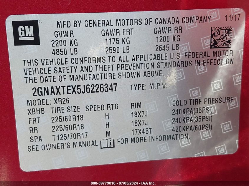 2018 Chevrolet Equinox Lt VIN: 2GNAXTEX5J6226347 Lot: 39779010