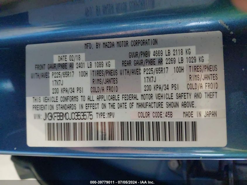 2018 Mazda Cx-5 Sport VIN: JM3KFBBM0J0353575 Lot: 39779011
