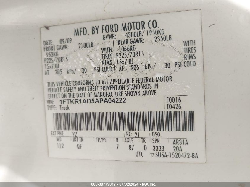 2010 Ford Ranger Xl/Xlt VIN: 1FTKR1AD5APA04222 Lot: 39779017