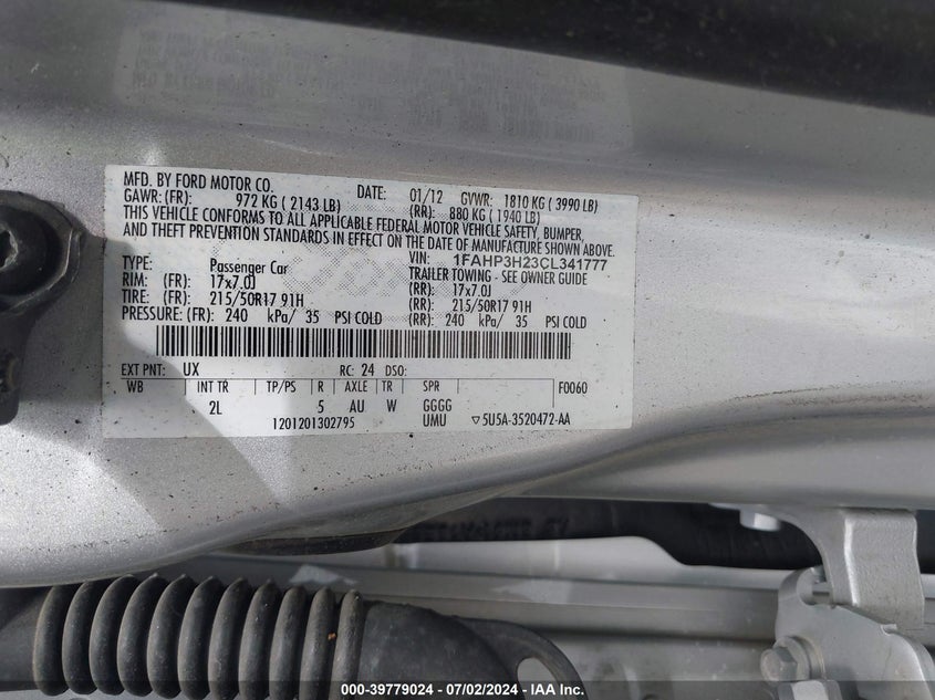 2012 Ford Focus Sel VIN: 1FAHP3H23CL341777 Lot: 39779024