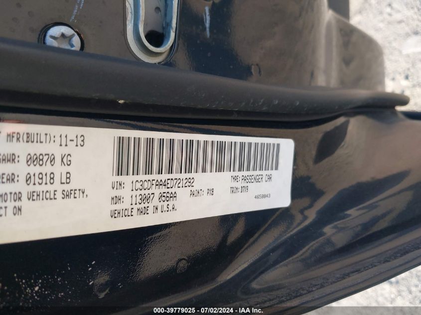 2014 Dodge Dart Se VIN: 1C3CDFAA4ED721292 Lot: 39779025