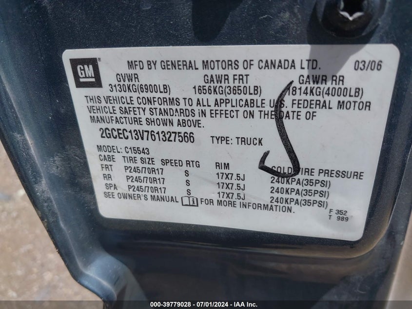 2006 Chevrolet Silverado 1500 Ls VIN: 2GCEC13V761327566 Lot: 39779028