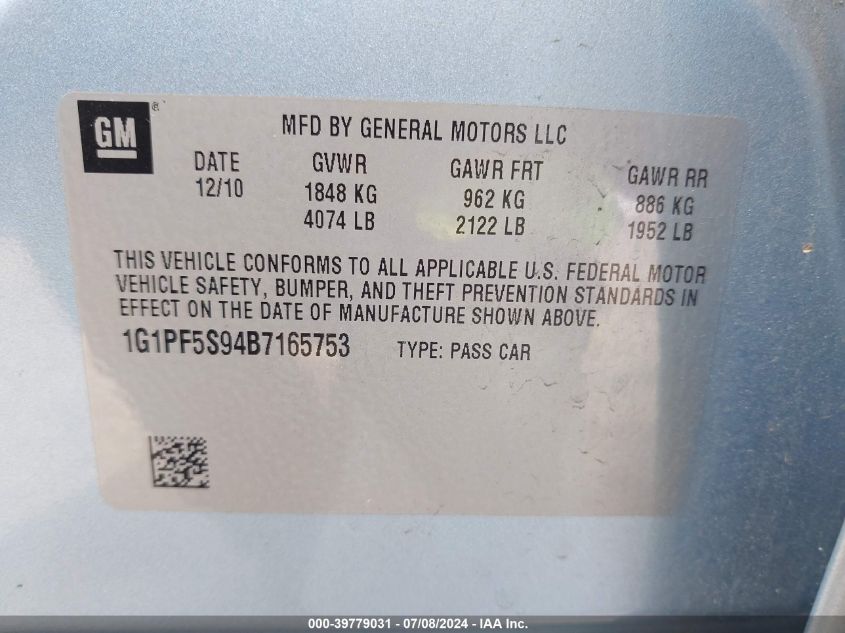 2011 Chevrolet Cruze Lt VIN: 1G1PF5S94B7165753 Lot: 39779031