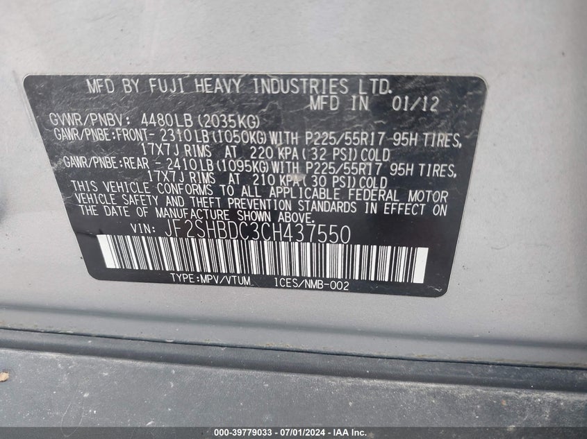2012 Subaru Forester 2.5X Premium VIN: JF2SHBDC3CH437550 Lot: 39779033