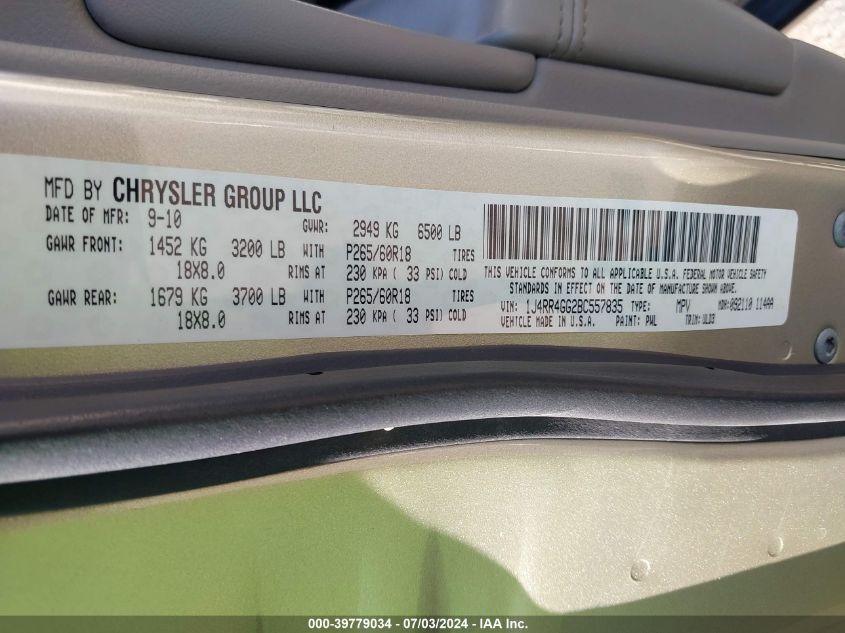 2011 Jeep Grand Cherokee Laredo VIN: 1J4RR4GG2BC557835 Lot: 39779034