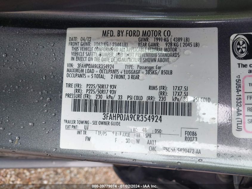 2012 Ford Fusion Sel VIN: 3FAHP0JA9CR354924 Lot: 40745802