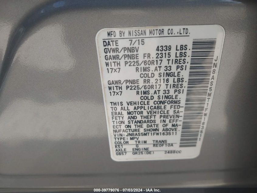 2015 Nissan Rogue Select S VIN: JN8AS5MT1FW163511 Lot: 39779076