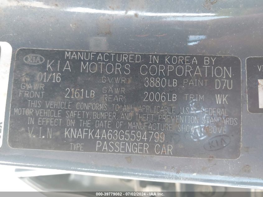 2016 Kia Forte Lx VIN: KNAFK4A63G5594799 Lot: 39779082