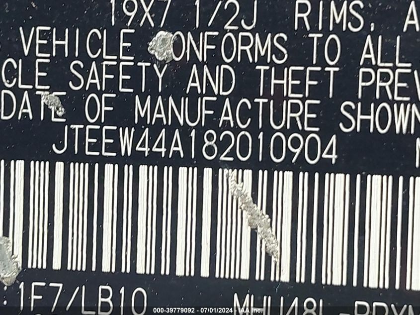 2008 Toyota Highlander Hybrid Limited VIN: JTEEW44A182010904 Lot: 39779092