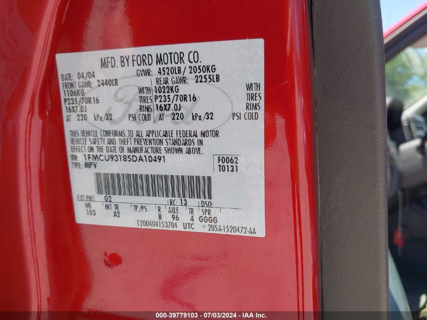 2005 Ford Escape Xlt VIN: 1FMCU93185DA10491 Lot: 39779103