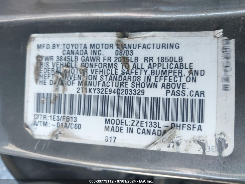 2004 Toyota Matrix Xrs VIN: 2T1KY32E94C203329 Lot: 39779112