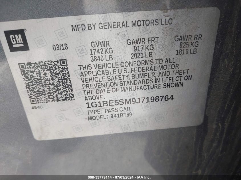 2018 Chevrolet Cruze Lt Auto VIN: 1G1BE5SM9J7198764 Lot: 39779114