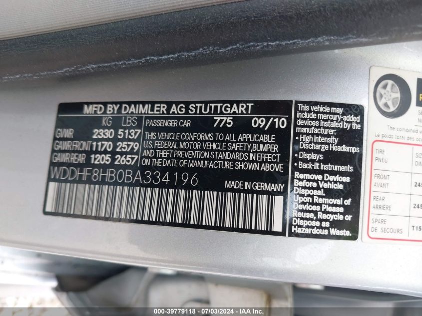 2011 Mercedes-Benz E 350 4Matic VIN: WDDHF8HB0BA334196 Lot: 39779118