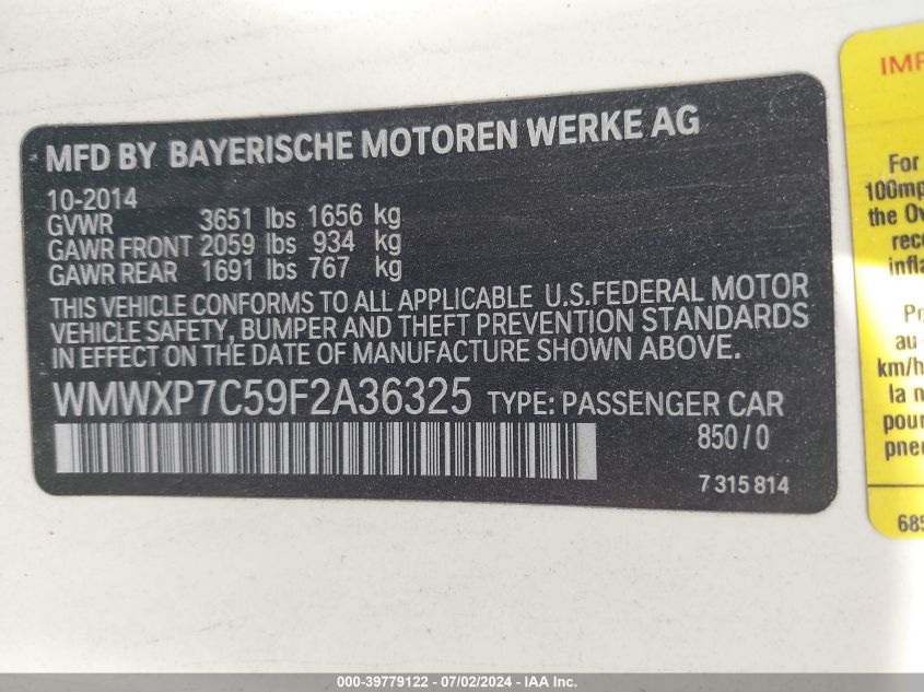 2015 Mini Cooper S VIN: WMWXP7C59F2A36325 Lot: 39779122