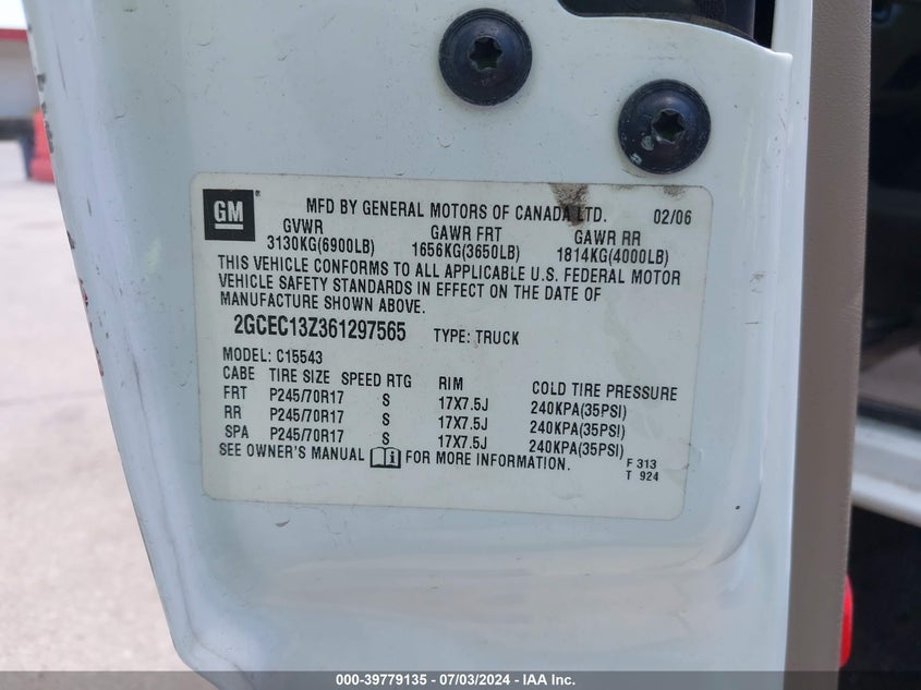 2006 Chevrolet Silverado 1500 Lt1 VIN: 2GCEC13Z361297565 Lot: 39779135