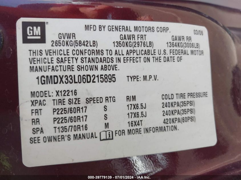 2006 Pontiac Montana Sv6 VIN: 1GMDX33L06D215895 Lot: 39779139