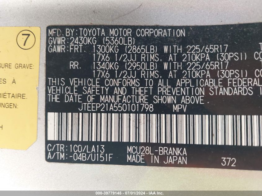 2005 Toyota Highlander Limited V6 VIN: JTEEP21A550101798 Lot: 39779145