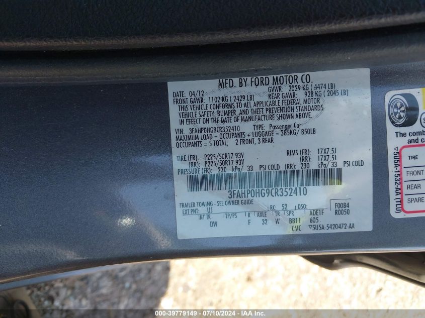 2012 Ford Fusion Se VIN: 3FAHP0HG9CR352410 Lot: 39779149