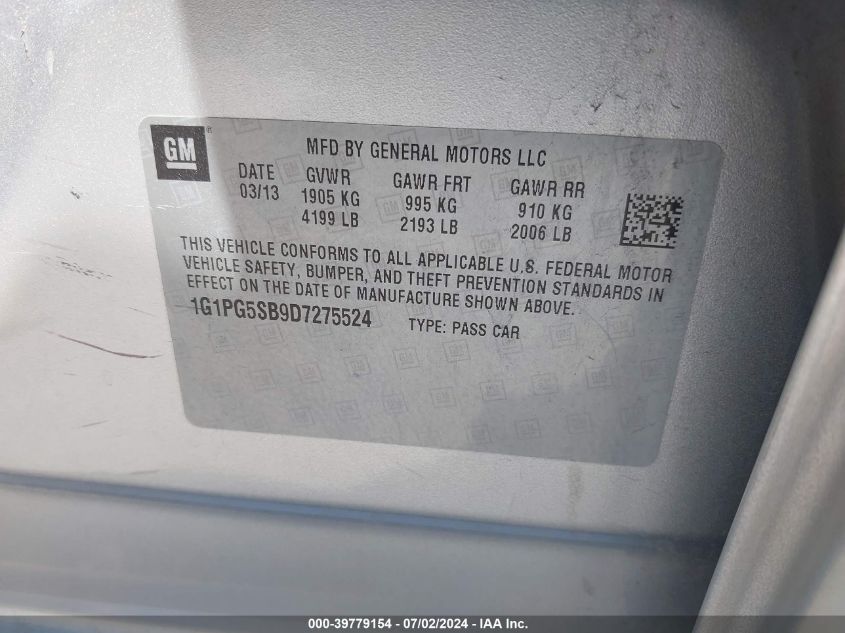 2013 Chevrolet Cruze Ltz VIN: 1G1PG5SB9D7275524 Lot: 39779154