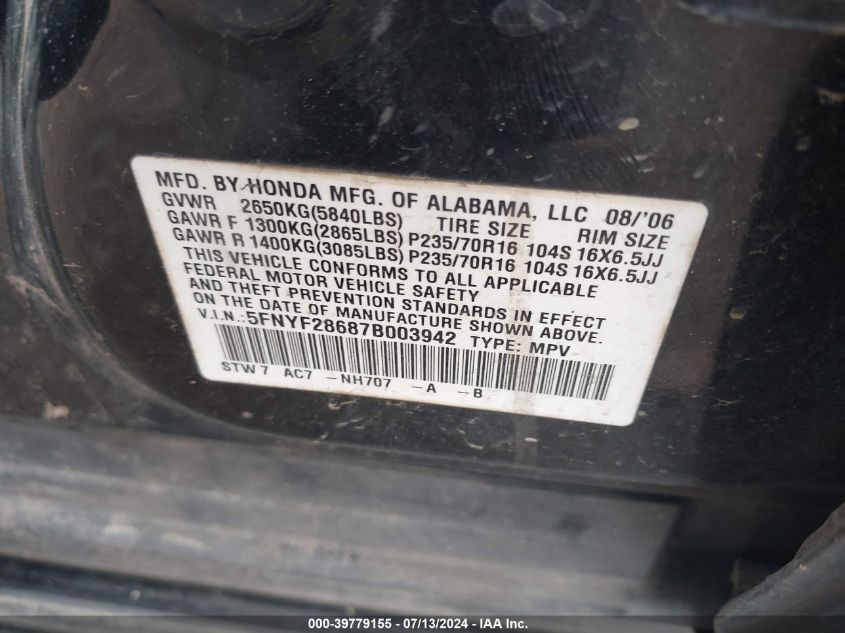 2007 Honda Pilot Ex-L VIN: 5FNYF28687B003942 Lot: 39779155